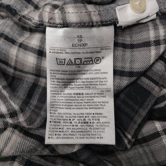 Grey GAP Plaid Flannel Roll Tab 3/4 Sleeve Blouse with Silver Accent Thread - Picture 9 of 11